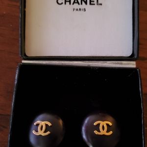 RARE Vintage Chanel Black Button Gold CC Earrings